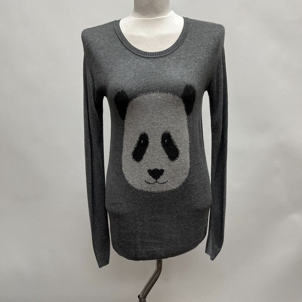 Kensie Women's Sweater Small Panda Bear‎ Gray White Long Sleeve